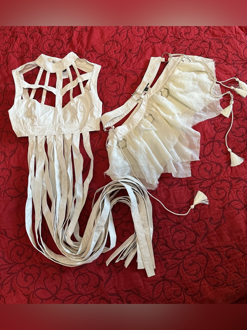Club Exx White Strappy Fringe Top And Skirt with Metal Ring Details Set